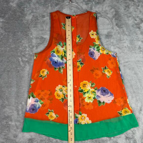 Lush Orange Floral Sleeveless Blouse Women’s XS Sheer Button Back Top - Picture 7 of 7